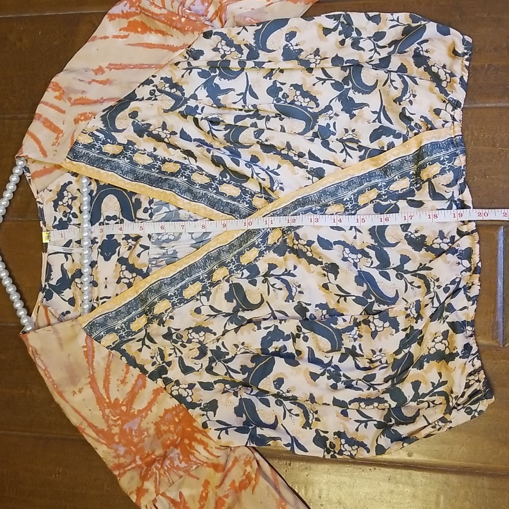 Free People Orange Gray V Neck Flounce Longsleeve Blouse Wrap Printed Shirt Top - Picture 9 of 14